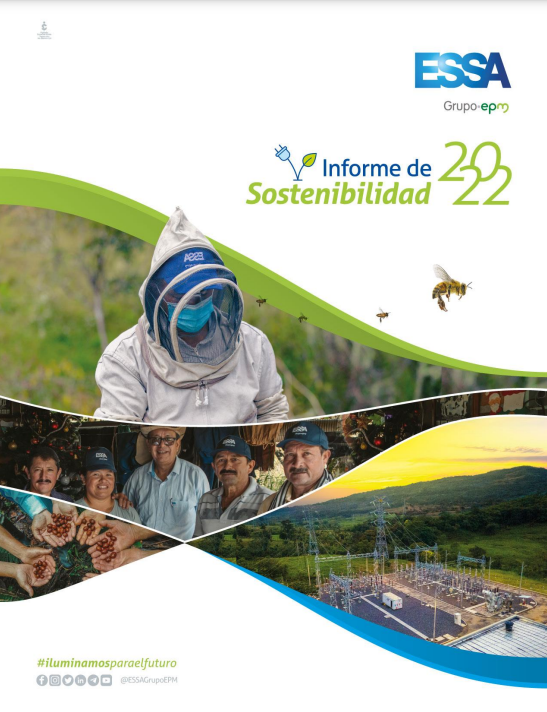 Portada Informe de Sostenibilidad 2022 ESSA fotografías de personas, manos con café, una subestación eléctrica, abejas Portada Informe de Sostenibilidad 2022 ESSA fotografías de personas, manos con café, una subestación eléctrica, abejas